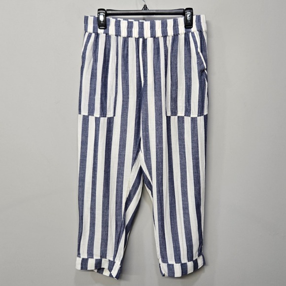Pact Pants - Pact Organic Cotton Hemp Pants L Blue White Stripe Elastic Waist Pockets Coastal